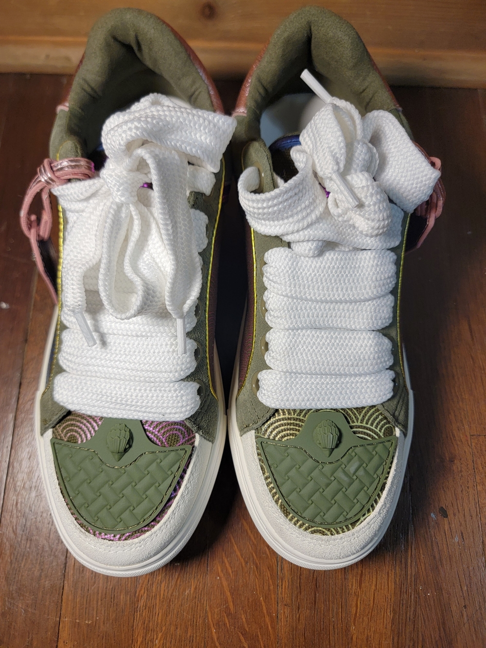 Kurt Geiger Olive Green, White & Pink Mixed-Media Sneakers